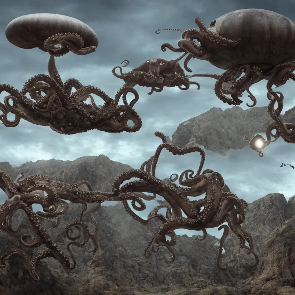 Image similar to organic octopus helicopter flying over a mountainous alien landscape, dramatic sci-fi movie still