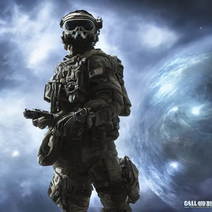 Image similar to call of duty ghost soldier looking out into the vastness of space, digital art