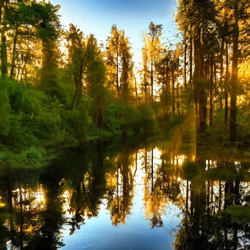 Image similar to river in a forest, golden hour, ray tracing reflection, 8k, hyper realistic, insainly detailed, hdr, octan render