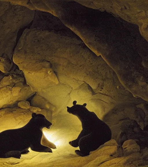 Prompt: looking to a cave with a mother bear and her cubs sleeping in a dark cave, night time, artwork by Pieter Claesz