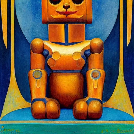 Image similar to ornate robot cat, by annie swynnerton and diego rivera and nicholas roerich and jean delville, symbolist, dramatic lighting, god rays, art brut, rich colors, smooth, sharp focus, extremely detailed, adolf wolfli, by janet fish