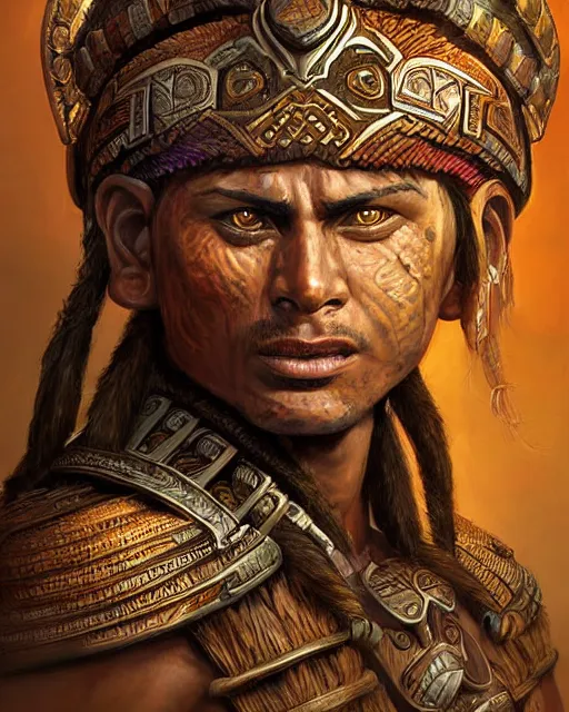 Prompt: digital painting of a mayan warrior by filipe pagliuso and justin gerard, symmetric, fantasy, highly detailed, realistic, intricate, portrait, sharp focus
