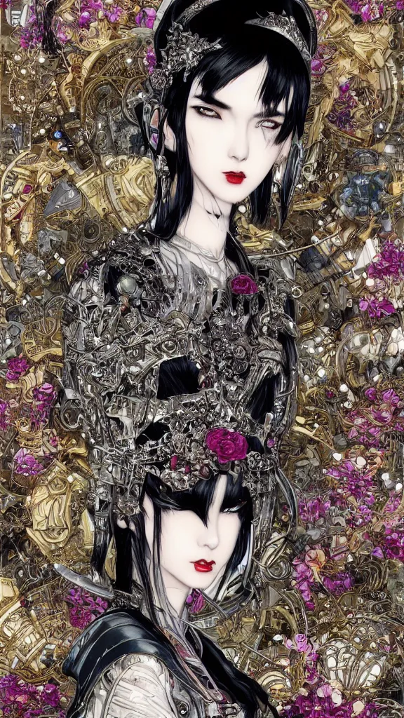 Prompt: cyberpunk fashion a beautiful black haired woman with pale skin and a crown on her head sitted on an intricate metal throne skin wrapped in flowers and wired, vintage style, by yoichi hatakenaka, masamune shirow, josan gonzales and dan mumford, ayami kojima, takato yamamoto, barclay shaw, karol bak, yukito kishiro