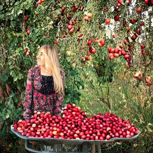 Prompt: Persephone surrounded by pomegranates, beautiful, modern