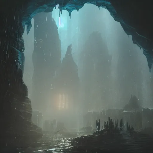 Image similar to a fantasy city built within a vast cave, illustration, raining, dark and moody lighting, digital art, fantasy, 8 k, trending on artstation, detailed