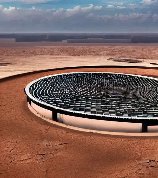 Image similar to dominador circular vertical solar thermal power plant in the desert, spatial structure, former gasometer in rome, white sheets, trending on artstation, behance, octane render, award winning, archviz, matte painting, epic