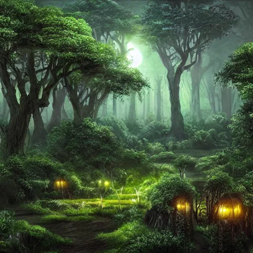 Prompt: A lush green ancient fantasy forest at night, with large trees and beautiful life, high details, realistic art.