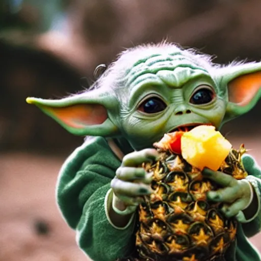 Prompt: Baby Yoda eating a pineapple on a tropical island