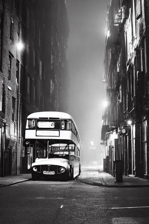 Prompt: a widescreen photo of a old london double - decker bus in a dark alley, low light, by steve mccurry