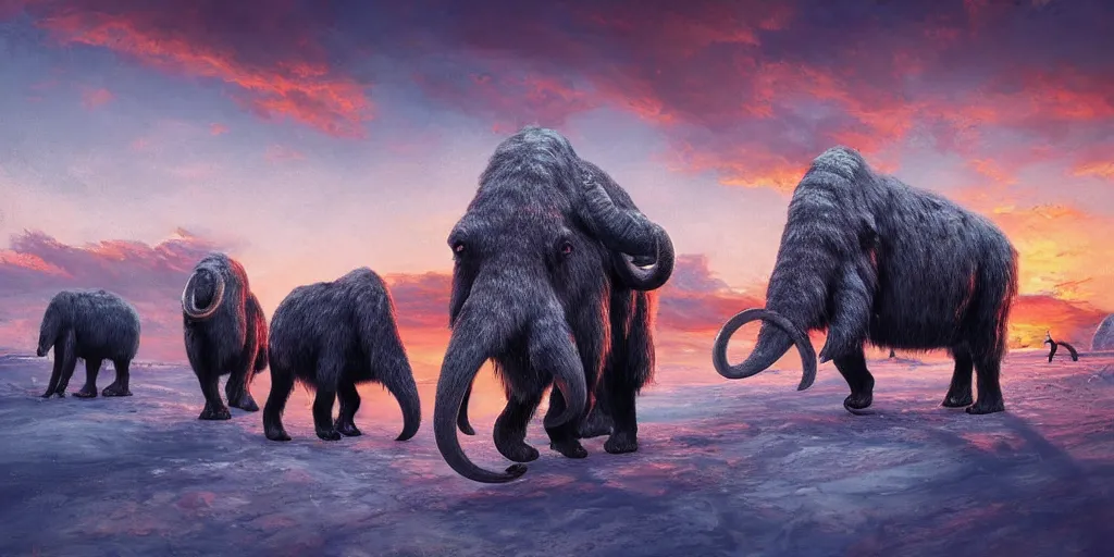 Image similar to digital art, trending on artstation, sunset at the north pole with some mammoths in the background walking while a meteorite falls