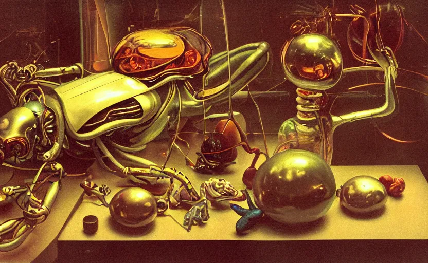 Image similar to strange seductive futuristic robot body, enticing colorful oil painting dutch golden age vanitas still life sparse composition with bulbous objects strange gooey transparent surfaces shiny metal reflections bizarre mutant meat insects rachel ruysch dali todd schorr very detailed perfect composition rule of thirds masterpiece canon 5 0 mm, cinematic lighting, photography, retro, film, kodachrome
