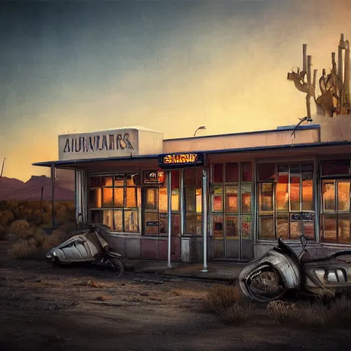 Image similar to abandoned diner in the desert by jon mccoy and georgehull, sunset, cinematic, cinematic lighting, photorealistic, hyperdetailed 3 d matte painting, iridescent, deviantart, trending on artstation, concept art