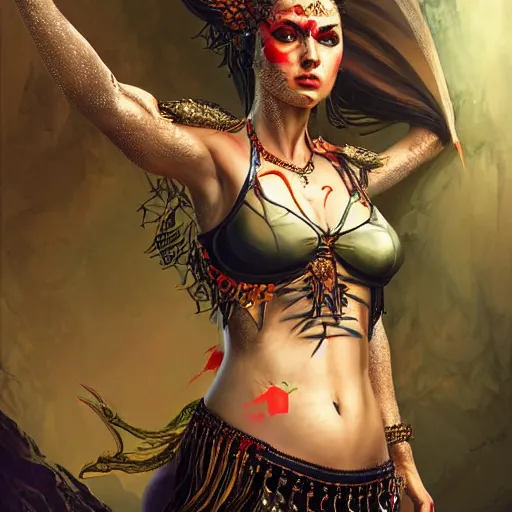 Image similar to a portrait of an female dragon belly dancer, sharp claws by sandra chevrier, detailed render, epic composition, cybernetics, 4 k realistic, cryengine, realistic shaded lighting, sharp focus, masterpiece, by matteo scalera, gary montalbano, peter elson in the style of the tokyo ghost comic