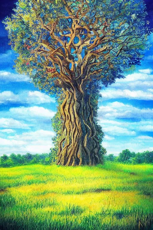 Image similar to giant!!! tree with blue leaves!! in the background!, fields in foreground, magical, fantasy, digital art, colorful, divine, painting