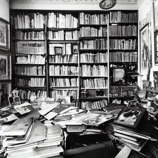 Prompt: old photographs of chaotic interiors full of paintings and books