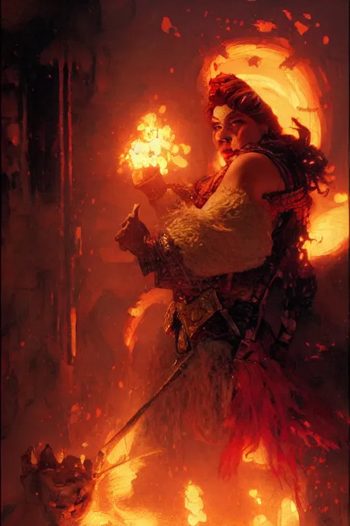 Prompt: queen of the dwarves, on fire, punching another dwarf portrait dnd, painting by gaston bussiere, craig mullins, greg rutkowski, yoji shinkawa