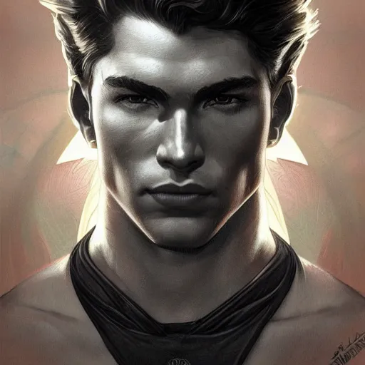 Image similar to character concept, portrait, symmetrical head - on centralized, young man with strong body. detailed, high quality, dynamic lightning, fantasy, scenematic. artwork by artgerm, wlop, alex ross, greg rutknowski, alphonse mucha