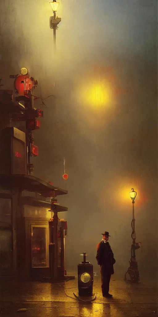 Image similar to a gas station in 1 9 4 0 with yellow and red light in the middle of the night, a men stand up next to the pump, mystical blue fog, oil on canvas, art by andreas achenbach, clemens ascher, tom bagshaw and sabbas apterus,