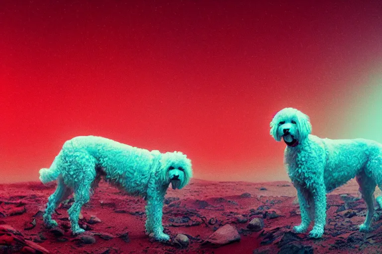 Prompt: far shot of an old white skinny Labradoodle dog laying down on mars, misty, fog, red lighting, moonlight, bokeh, depth of field, synthwave, psychedelic, glitch, acrylic, flooko, detailed, cybernetic, sci-fi, glows,