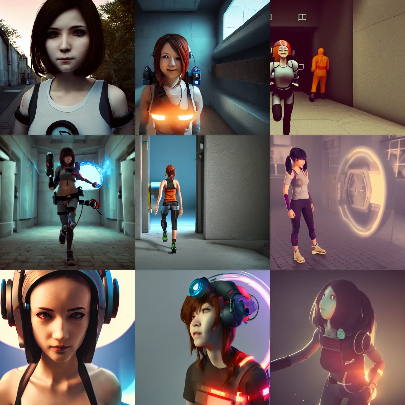 Prompt: portal game valve, anime!!! cyborg photo - realistic woman!!!! running, ( shy smiling face ), rembrandt, octane render, artstation