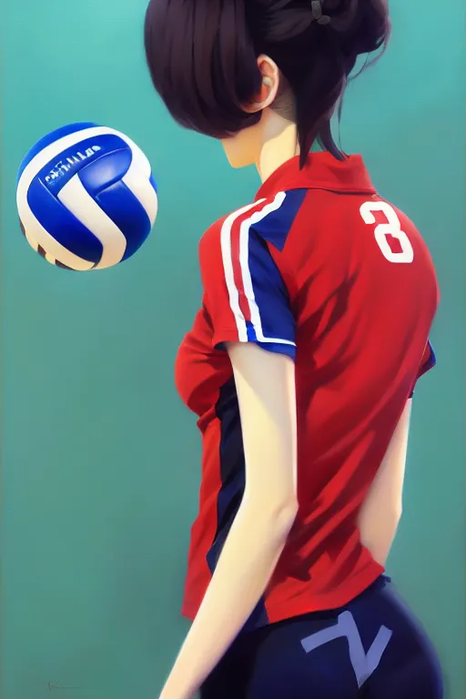 Image similar to A ultradetailed beautiful panting of a stylish woman wearing a volleyball jersey, Oil painting, by Ilya Kuvshinov, Greg Rutkowski and Makoto Shinkai