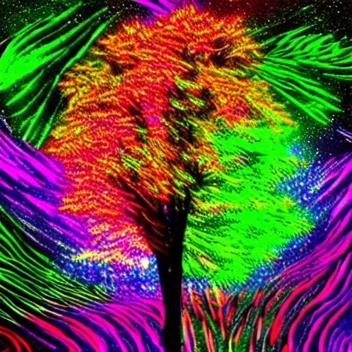 Image similar to psychedelic tree with neons and lasers