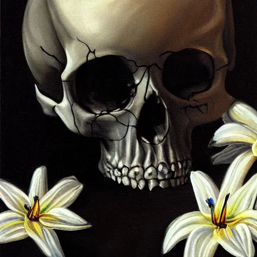 Prompt: a painting of a human skull with diamonds for eyes nestled on a bed of white lilies, dark shadowy background, in the style of a still life oil painting, gothic