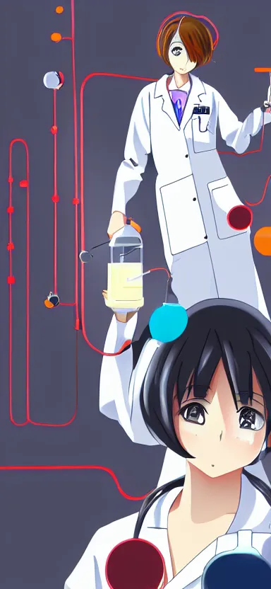 Image similar to an anime art of a female scientist in a laboratory holding a black hole, concept art, stylised, elegant, illustration, oc commission, high detailed