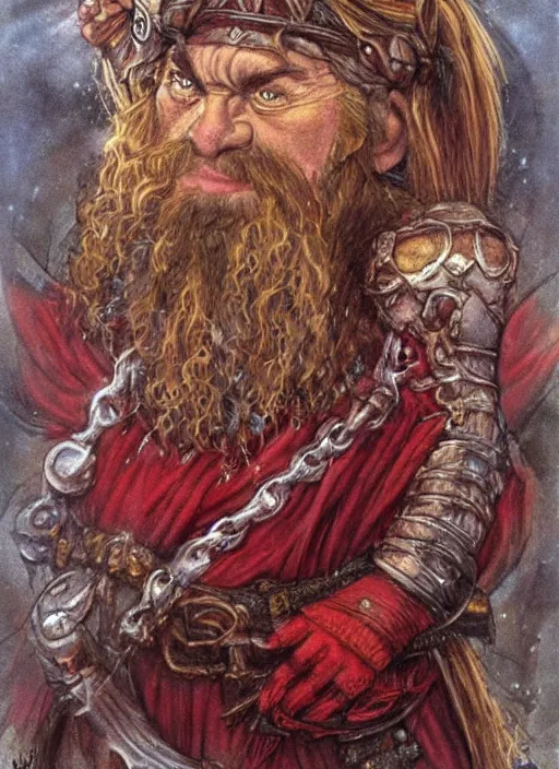 Image similar to portrait of dwarf wizard, beautiful! coherent! dungeons and dragons character, by brian froud, strong line, deep color, chainmail, short red hair, high contrast