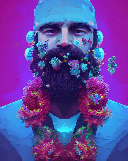 Image similar to a ultradetailed digital painting of a man with flowers in his beard, profile, cyberpunk art by beeple, behance contest winner, retrofuturism, voxel art, # pixelart, dystopian art