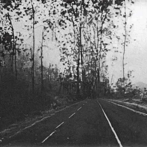 Prompt: a 1 9 0 0 s grainy photo of a monstrous creatura catch in a desert road inside a dense forest