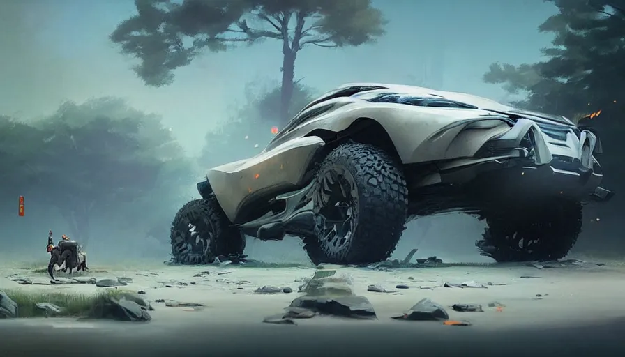 Image similar to a beautiful concept offroad suv by cory loftis, fenghua zhong, ryohei hase, ismail inceoglu and ruan jia. volumetric light, detailed, octane render, midsommar