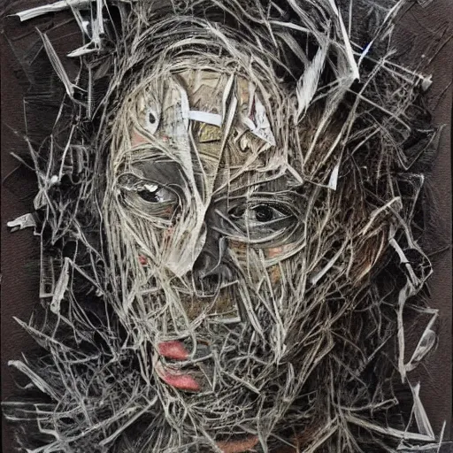 Image similar to multiple faces shredded like paper masks, horror, surreal, drawing, painting, oil painting