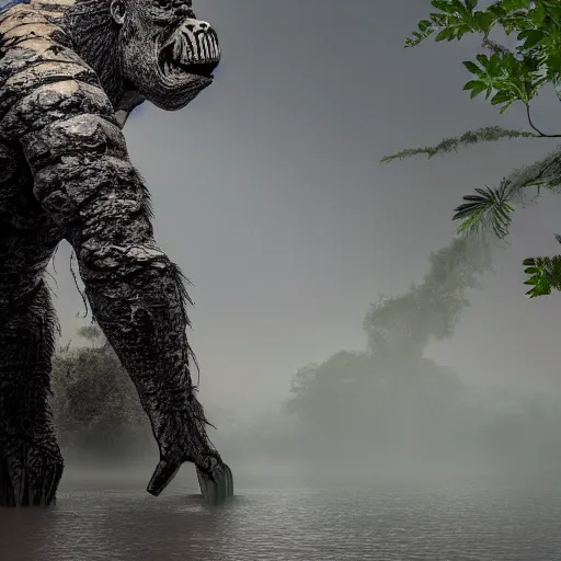 Prompt: A photograph of a giant monster lurking in the swamp, crocodile, mangrove swamp, murky water, (vines), gorilla, trending on artstation, bog, ((tiger)), Godzilla, (((dragonfly))), ((mist)), bugs, lilypad