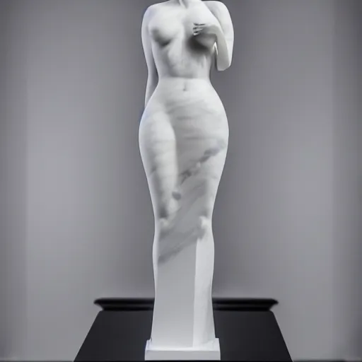 Prompt: a realistic modern white marble statue of kim kardashian wearing a ghostly dress, displayed in a museum art gallery, moody, dramatic lighting, dark, photorealistic, cinematic scene, super detailed, hyper realistic, 8 k