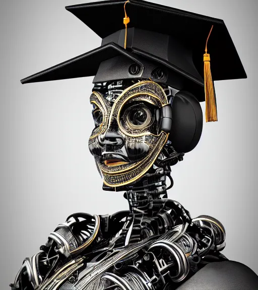 Image similar to a portrait of a extremely intricately detailed beautiful robot wearing on its head a highly detailed perfect render black graduation hat, realism. concept art. unreal engine 5, f / 1. 8, v - ray, ultra hd, 8 k, graduation photo, atmospheric beautiful background and beautiful lighting. hyper realism.