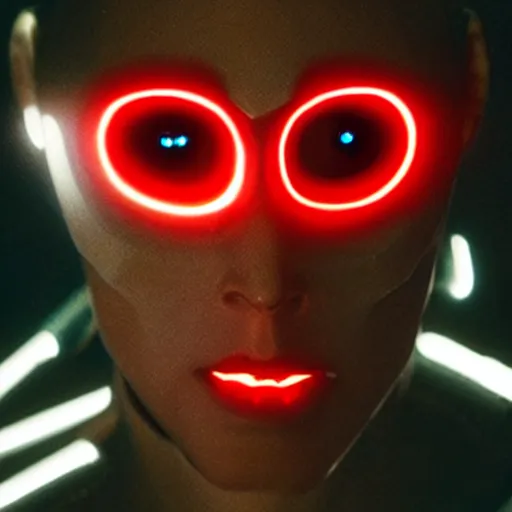 Image similar to a film still of a cyborg with glowing red eyes, artwork by caravaggio