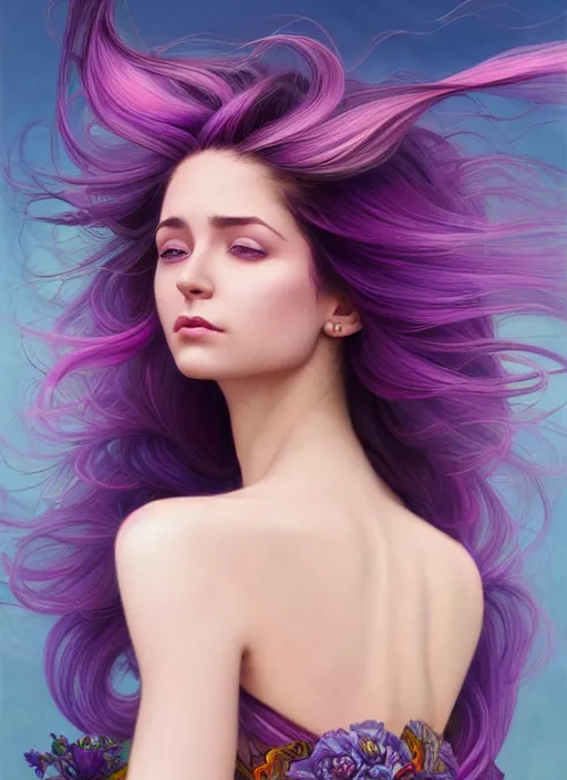 Image similar to Portrait of a woman with bright colored flying hair, all shades of purple. Hair coloring. Hair fluttering in the wind, amber eyes, face, long hair, fantasy, intricate, elegant, highly detailed, digital painting, artstation, concept art, smooth, sharp focus, illustration, art by artgerm and greg rutkowski and alphonse mucha