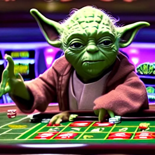 Image similar to film still of yoda gambling in las vegas casino in the new star wars movie 4 k 8 k