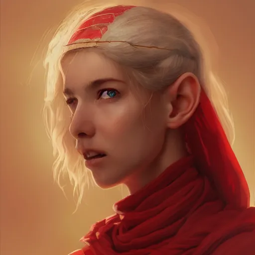 Prompt: elf female portrait, red scarf, hatched ear, golden earring, white background, by horace hsu, tony sart, miles johnston, highly detailed, digital illustration, concept art, trending on artstation