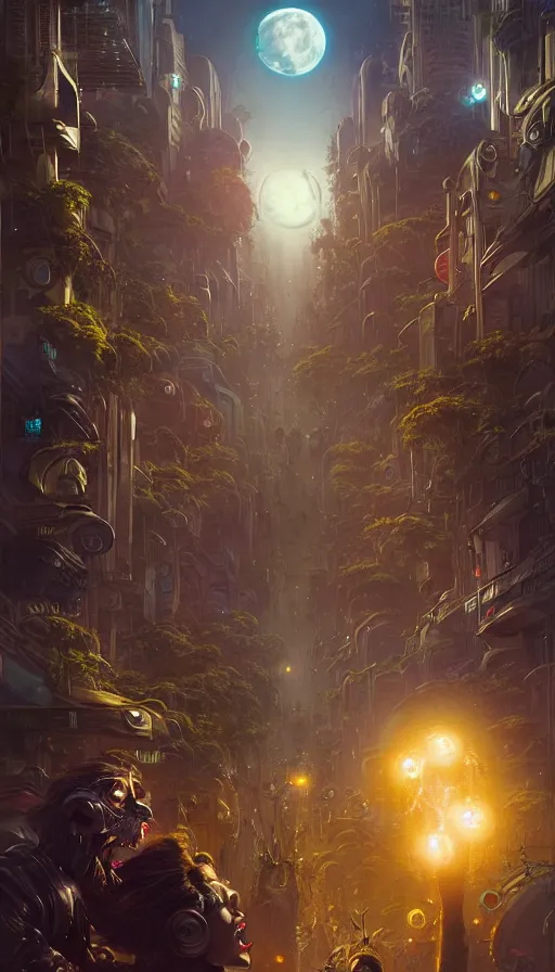 Image similar to hyper realistic aliens battling a golden goddess in a cyberpunk city, crowded market street overtaken by lush plants, kittens, full moon, light rays, gnarly trees by tom bagshaw, mucha, gaston bussiere, craig mullins, j. c. leyendecker 8 k