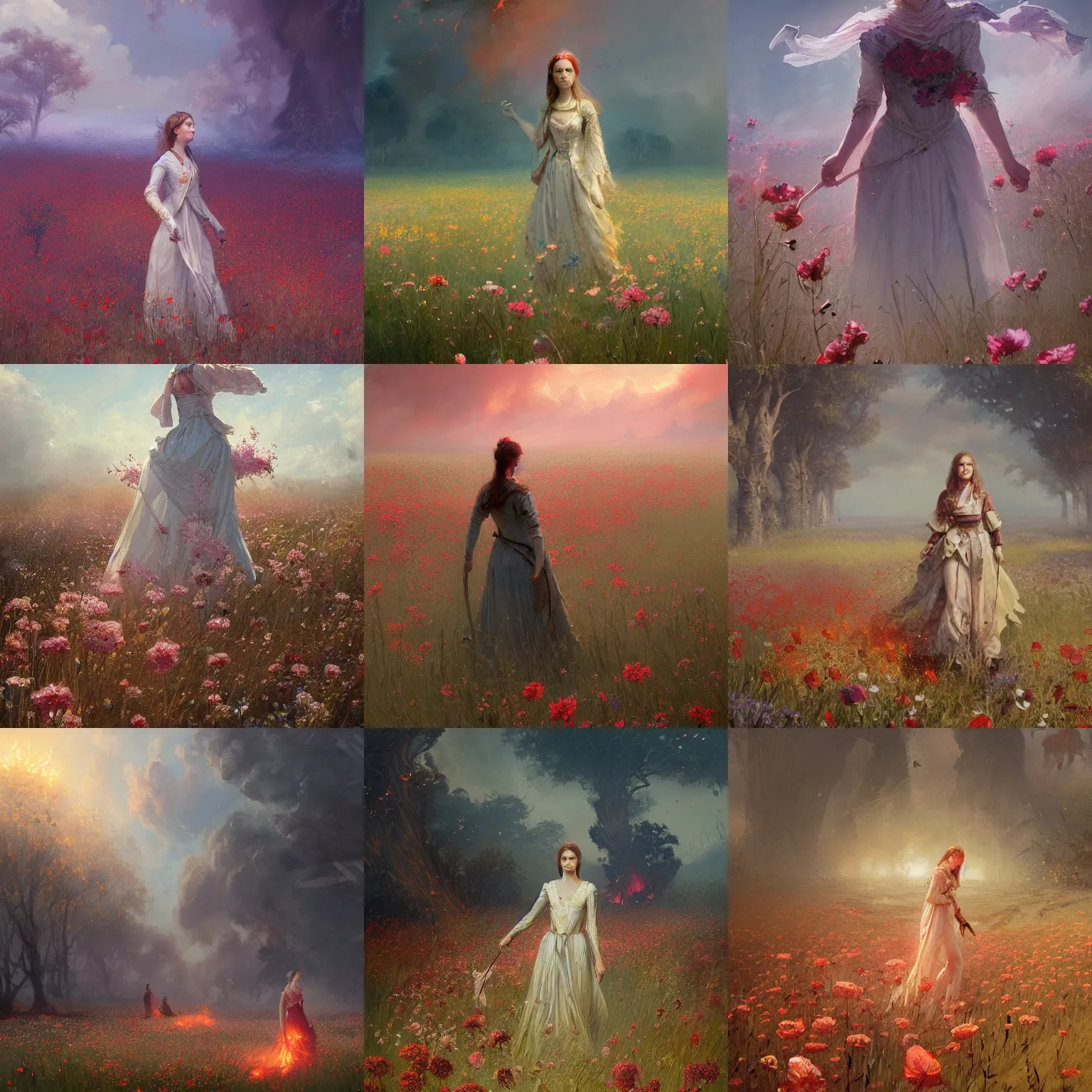 Prompt: tragic scene of female noblewoman in a burning field of flowers, a fantasy digital painting by Greg Rutkowski and James Gurney, trending on Artstation, highly detailed