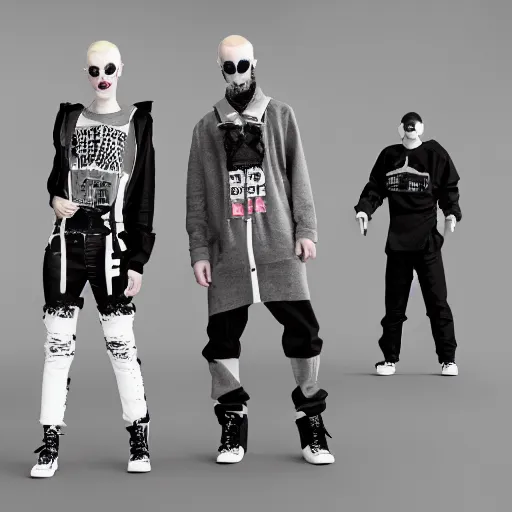 Prompt: streetwear collection, fashion show, lookbook, in the style of grand chamaco and pedro conti and stanley kubrick, inspired by die antwoord, photorealistic, epic, super technical, 3 d render