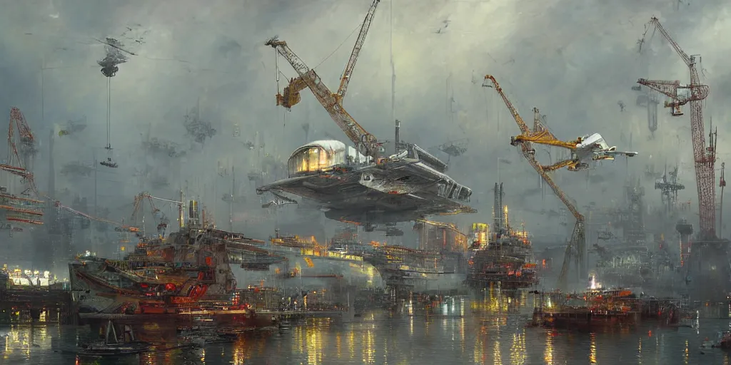 a foggy spaceship harbor with huge cranes, | Stable Diffusion | OpenArt