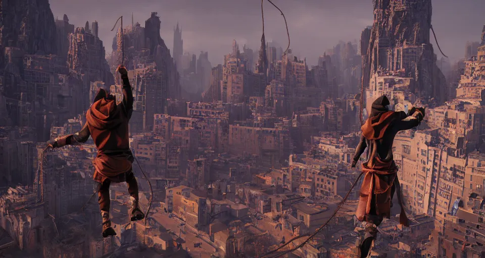 Image similar to an epic fantasy comic book style landscape painting of a hooded thief using a rope to climb a tall building with a fantasy city, unreal 5, daz, hyperrealistic, octane render, dynamic lighting, award winning, 8 k, ultra wide angle
