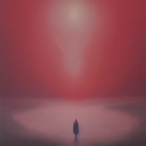 Image similar to a painting of a person standing in the snow, blizzard, a surrealist painting by zdzisław beksinski and by alena aenami, deviantart, nuclear art, dystopian art, apocalypse landscape, red color scheme, surrealist