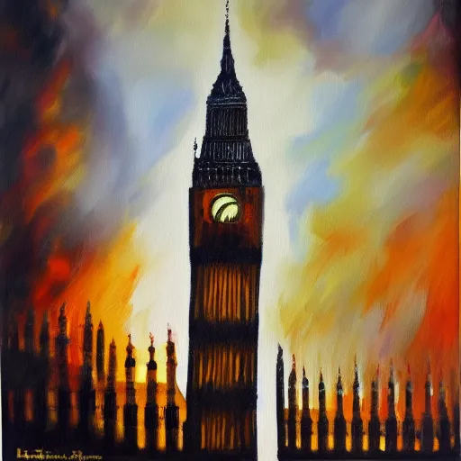 Image similar to detailed, soft, dynamic painting of the Big Ben in flames, burning, arson, professional painting, at dusk