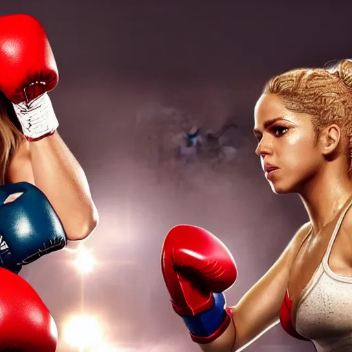 Prompt: Shakira with boxing gloves fighting against Gerard Pique, cinematic epic shot, hihgly detailed, 4k, realistic,