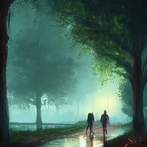 Image similar to a couple walking along a river, enchanted trees, nightime, fireflies, great colors, by greg rutkowski, trending on artstation