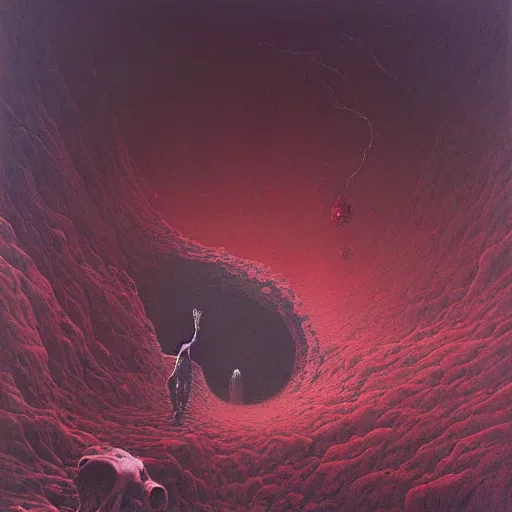 Prompt: ryan reynolds entering a chasm full of unspeakable cosmic horrors, horror, blood red, terrifying atmosphere, atmospheric, by zdzisław beksinski, 8 k